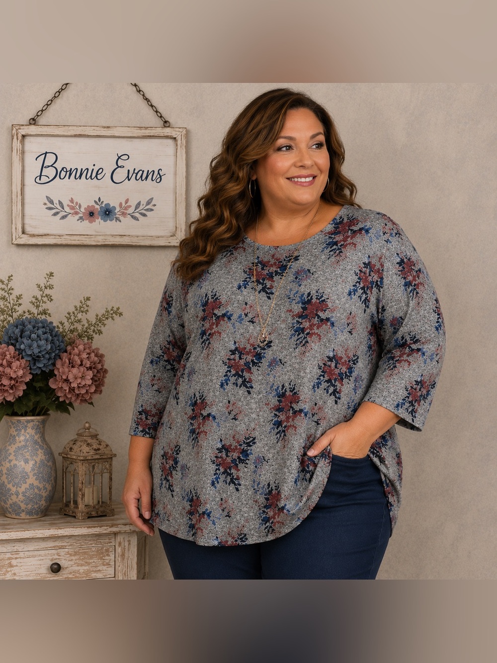 7. Bonnie Evans Grey Floral Top (1X)